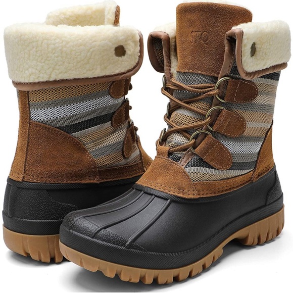 Women Mid Calf Winter Duck Boots Snow Boots Insulated Faux  Winter Duck Boots Waterproof Snow Boots Taupe/Tan